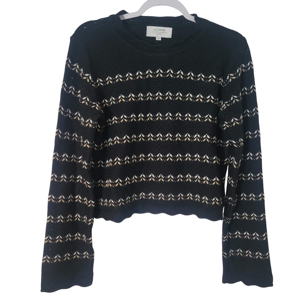 La Ligne Black 100% Merino Wool Pointelle Scallop Embroidered Sweater XS Cropped